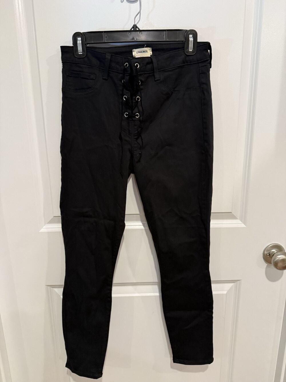 Women’s L'Agence Cherie Black Noir Lace-Up Sleek Skinny Stretchy Pants Sz 29